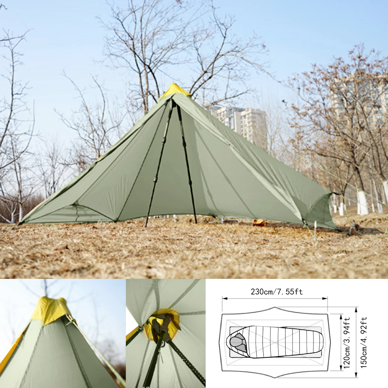 Ultralight 410g Outdoor Camping Tent 20D Nylon Two-side Silicone Coated Rodless Pyramid Flysheet 4-Season 2 Window Tent 1 Person