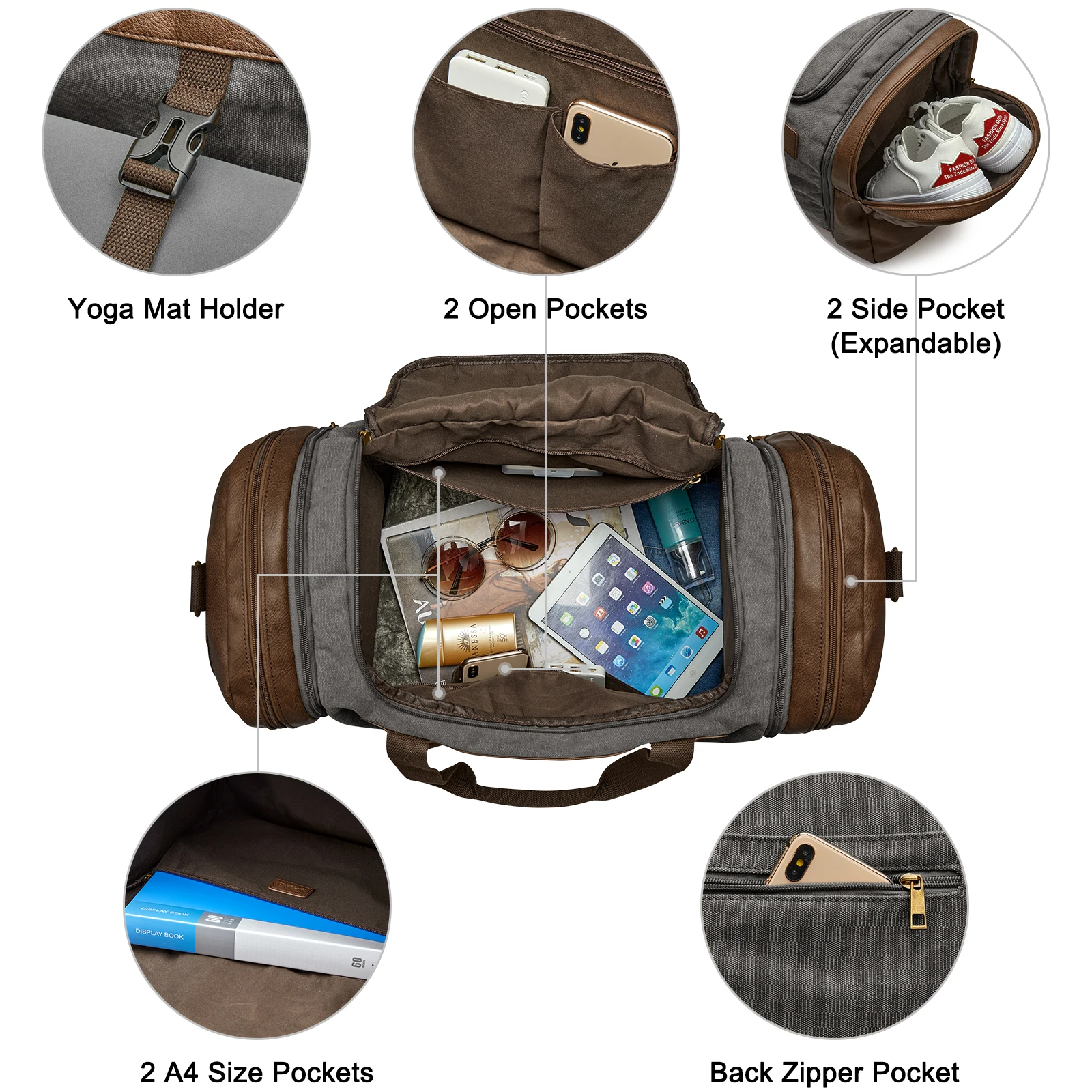 S-ZONE 65L Canvas Duffle Bag Travel Overnight Carry on Weekender Duffel with Shoes Compartment for Men Women