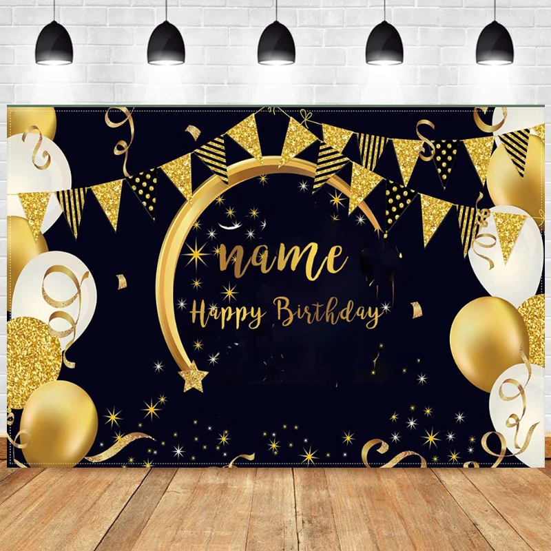 

Personalized Backdrop Name Happy Birthday Banner Balloons Party Decoration Men Women Black and Gold Anniversary Photo Background