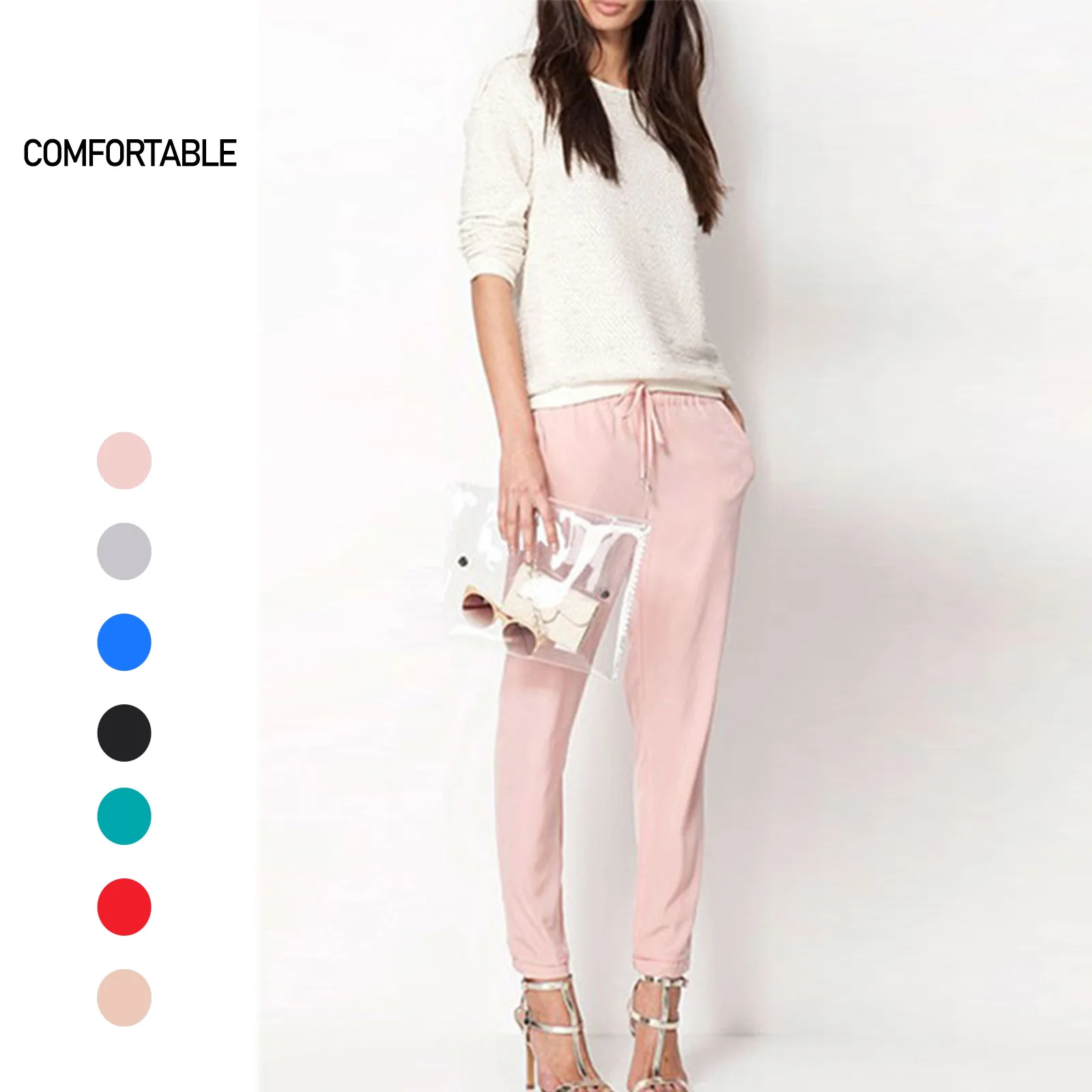 Women Elastic Waist Chiffon Wide Leg Pants Summer