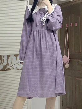 QWEEK-vestido Kawaii a cuadros púrpura para mujer, vestidos suaves de estilo japonés Preppy Mori, bonito cuello de Peter Pan de Hada, primavera de 2022 1