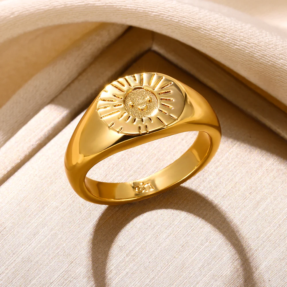 Классическое кольцо с солнцем, кольцо с улыбкой, золотой цвет, Женское кольцо с улыбающимся солнцем, кольцо в эстетическом стиле, ювелирные изделия, подарки для лучшего друга