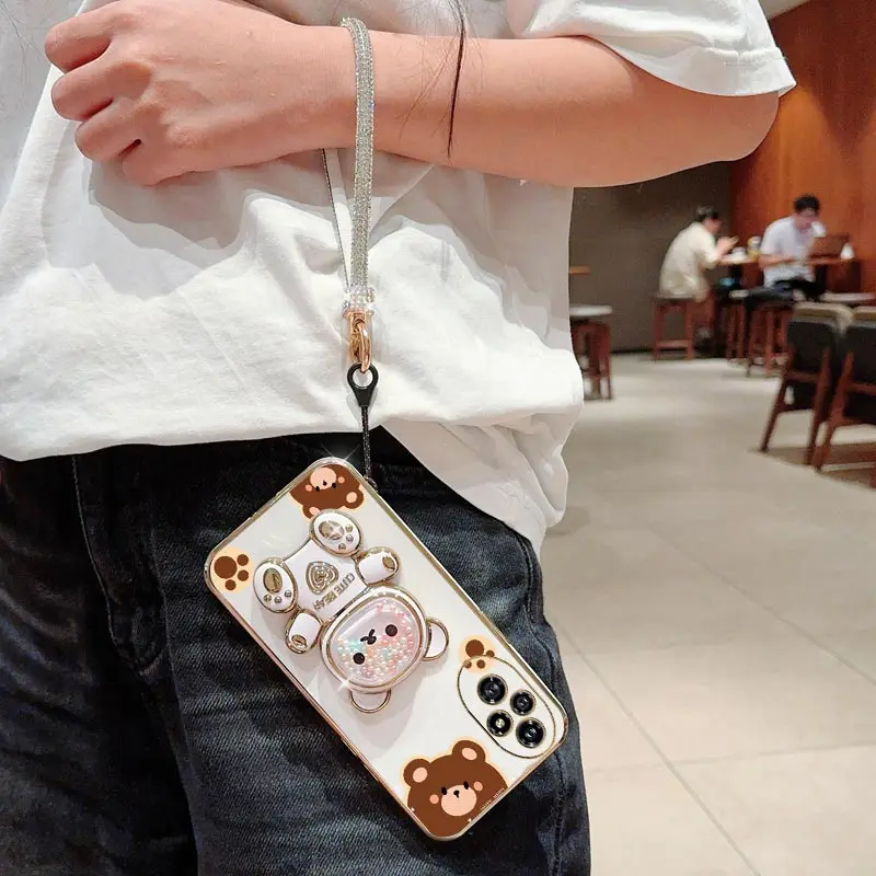 Diamond Wrist Strap Lanyard Cute Bear Phone Holder Case with Stand Back Cover