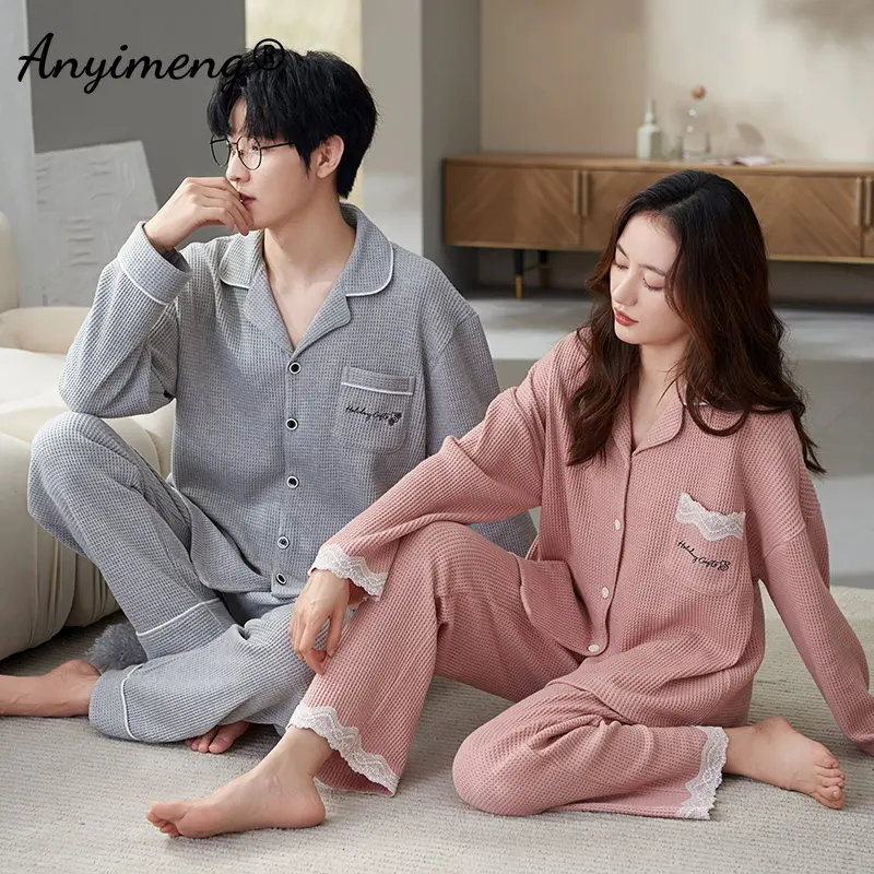 새로운 봄 가을 그와 그녀의 잠옷 패션 잠옷 긴 소매 격자 무늬 바지 여성 홈 정장 와플 코튼 커플 잠옷, 여성 잠옷