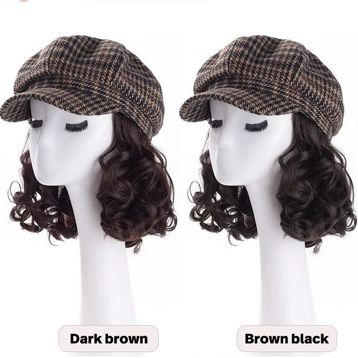 12-inch synthetic all-in-one hat wig women's navy hat winter warm short curly hair heat-resistant wig brown