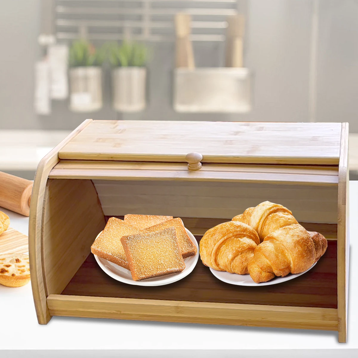 Premium Bamboo Bread Box, Bread Storage And Organizer, Organizer For Kitchen Countertop 4