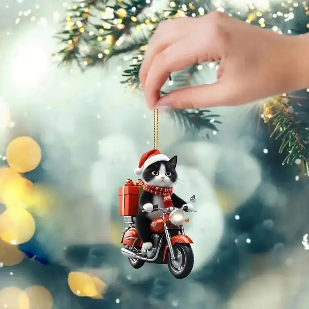 Motorcycle Cat Acrylic Hanging Decoration Christmas Tree Car 2D Flat Riding Kitten Hanging Ornament Cartoon Pendant For Christma 2