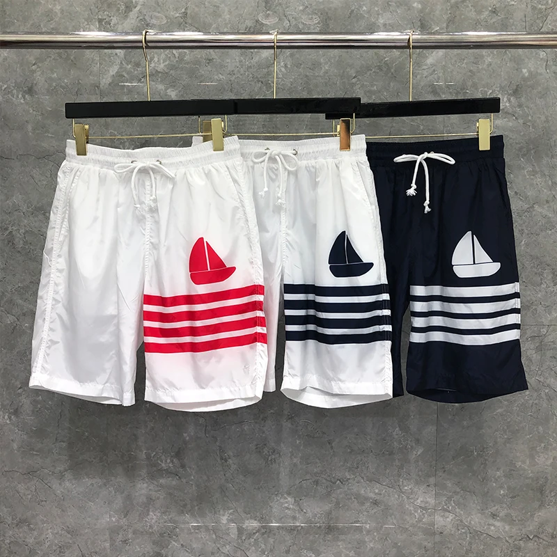 

TB THOM Shorts Summer Male Shorts Fashion Brand Men's Shorts Sailboats Designs Mid Thigh 4-Bar Stripe Thin Quick Dry Boardshorts