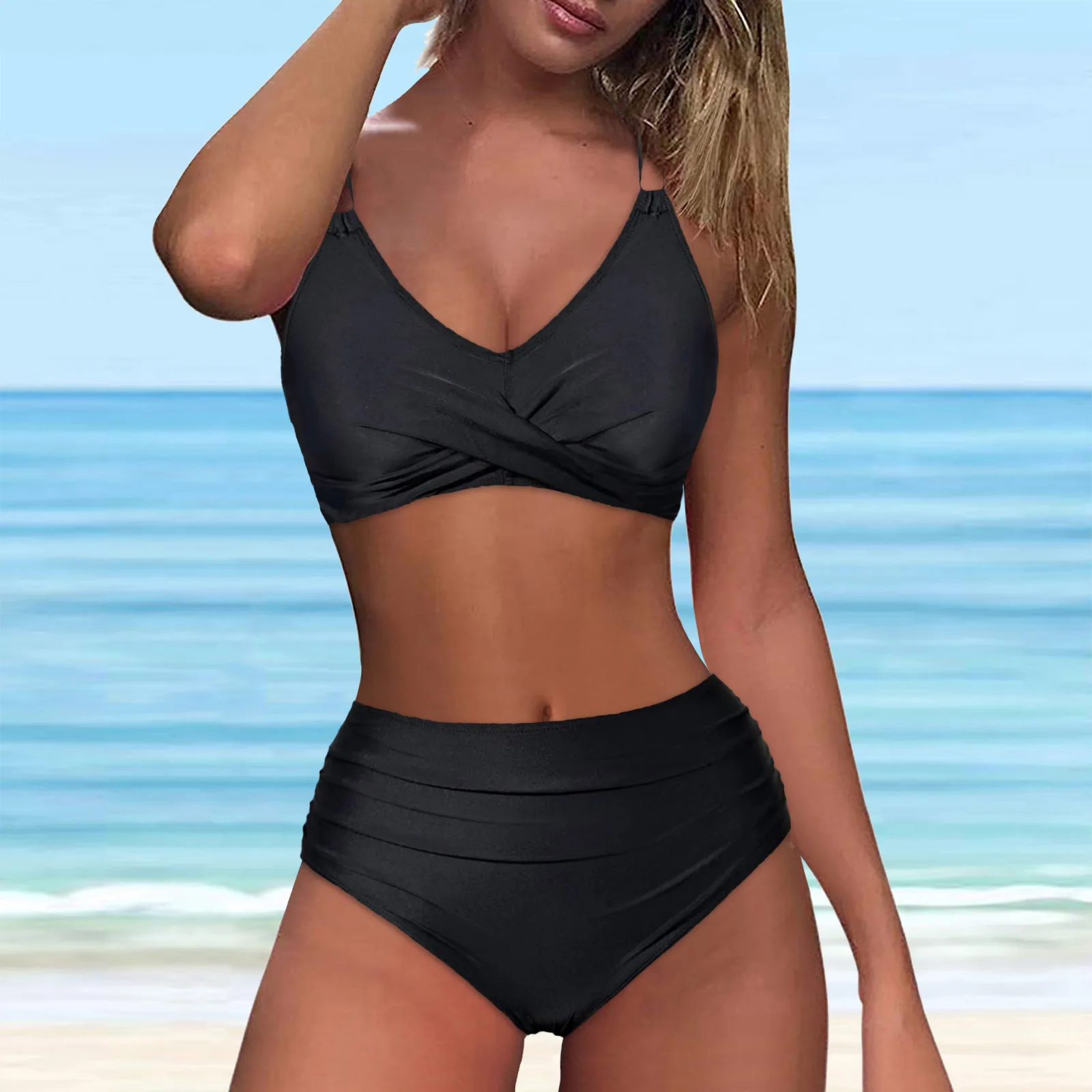 

Women Swimsuit High Waist Bikini Sexy Solid Push Up Two Piece Swimsuits Biquinis Tankini Beach Swimwear Vacation Bathing Suit