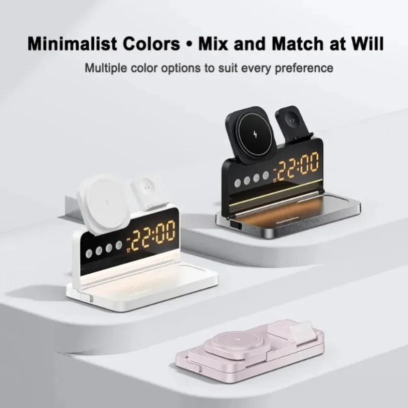 Foldable Fast Charging 6 in 1 Magnetic Wireless Charger LED Light Alarm Clock For iPhone 17~12 Pro Max Apple Watch 9 Airpods Pro