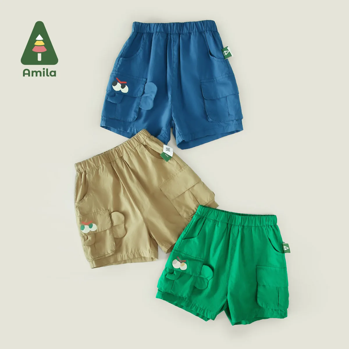 Amila Summer New Boys Bottom Cotton Solid Color Cartoon Elephant Pocket Cargo Quarter Pants