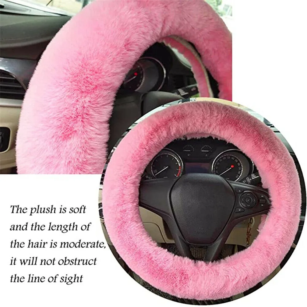 

1 Set Of Fur Fluffy Thick Auto Car Steering Wheel Plush Cover Soft Wool + Handbrake & Shift Gear Cover Pink/Blue/Purple/Black