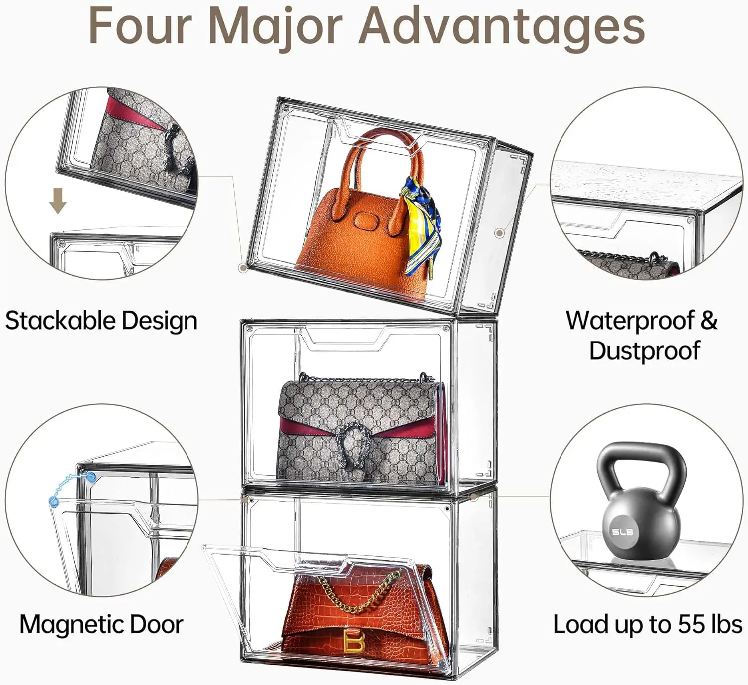 Purse Organizer for Closet,Clear Acrylic Display Case for Handbag Organizer, Purse Storage Box with Magnetic Door, Dustproof 4