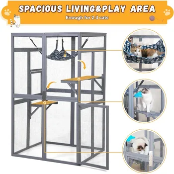 Upgraded Catio Outdoor Cat Enclosure Window Access,Wooden Catio for Cats Indoor Patio Garden(Grey) 4