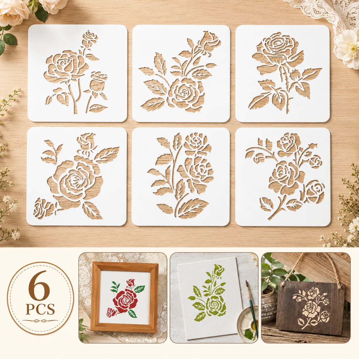 6PCS 5.1 x 5.1인치 장미꽃 스텐실 DIY 벽 목재 캔버스 패브릭 장 재사용 가능한 꽃무늬 템플릿