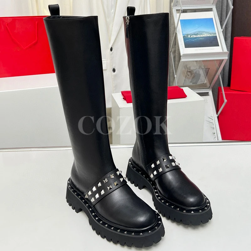 

Fashion Long Boots Women Autumn New Metal Rivet Decor Zipper Design Knee-High Boots Comfortable Warm Thick Bottom Female Shoes