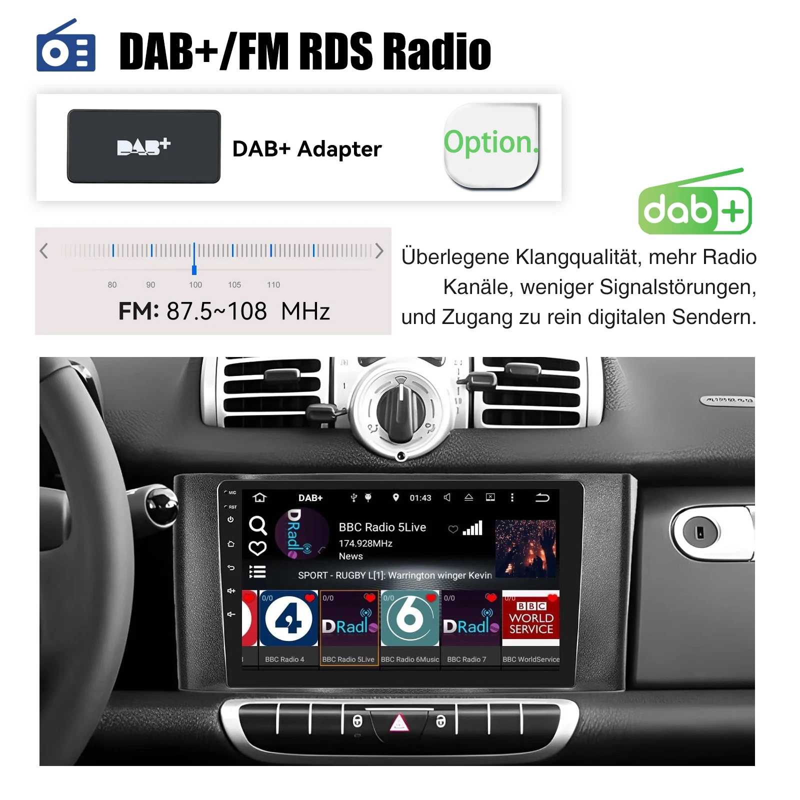 ESSGOO Android 15 9-Zoll-Autoradio für Smart Fortwo 451 2010-2015 mit Carplay, Android Auto, GPS, NAV, WIFI, SWC, BT, FM, RDS Multimedia-Player – Detail 14