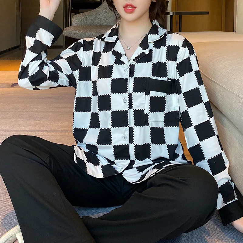 Women 2 Pieces Pajamas Sets Cotton Pijama Plaid Female Pyjama Sleepwear Long Sleeve Lapel Shirt Pants Suit Homewear Loungewear