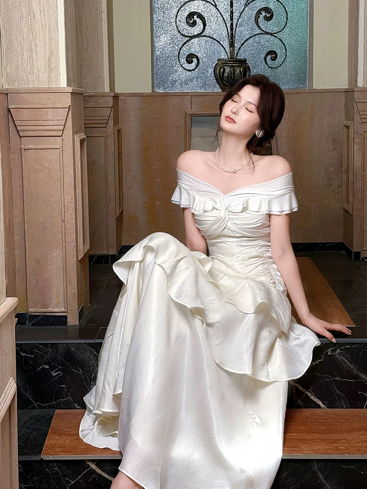 Nuovo Abito Lungo Elegante Francese da Donna, con Volant, Scollo a Barca, Vestito a Sirena Slim, Senza Maniche, Stile Tromba, Estetico Femminile - immagine 2
