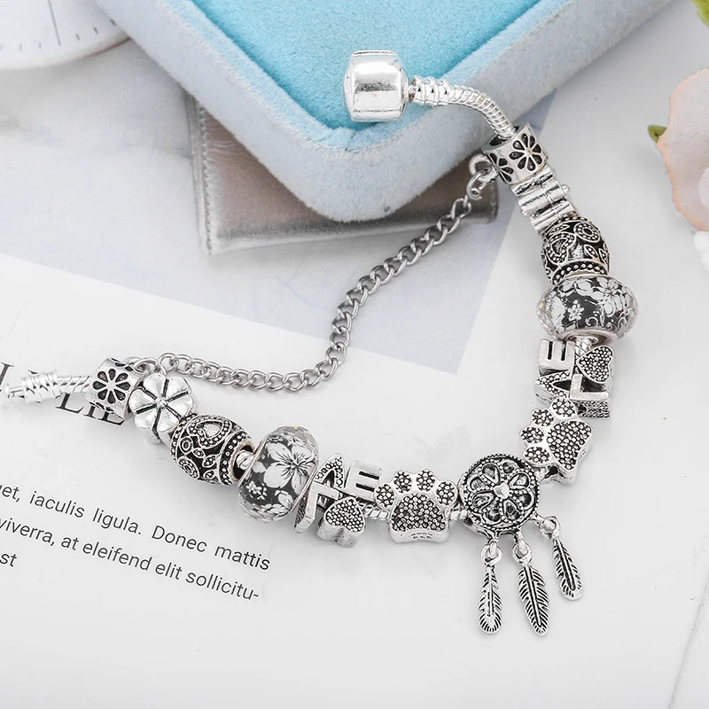 Bracelet Jewelry Bear Dreamcatcher Feather Charm Bracelets For Women Men Crystal Flowers Beaded Bangle Gift