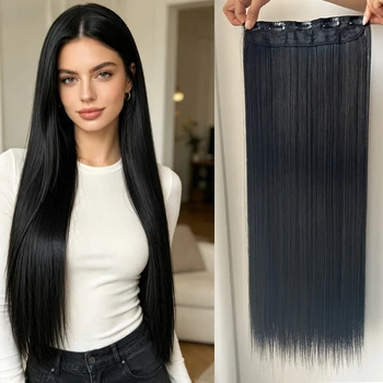 Extensioni per capelli con clip, design monopezzo con 5 clip, capelli lisci e morbidi, nero naturale, extension monopezzo in capelli umani con clip