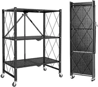 3-Tier Foldable Duty Storage Shelves with Wheels 13.4" D x 28" W x 34" H, Freestanding Shelving No Assembly Required, for Kitche 1