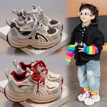 Children Sports Shoes Mesh Breathable Boys Girls Running Shoes Hook&loop 2025 New Fashion Kids Sneakers Thick Soft Sole Trendy