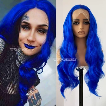 Royal Blue Lace Front Wig 13X4 Glueless Long Body Wave Synthetic Hair Frontal Lace Blue Wigs for Women Natural Hairline Daily