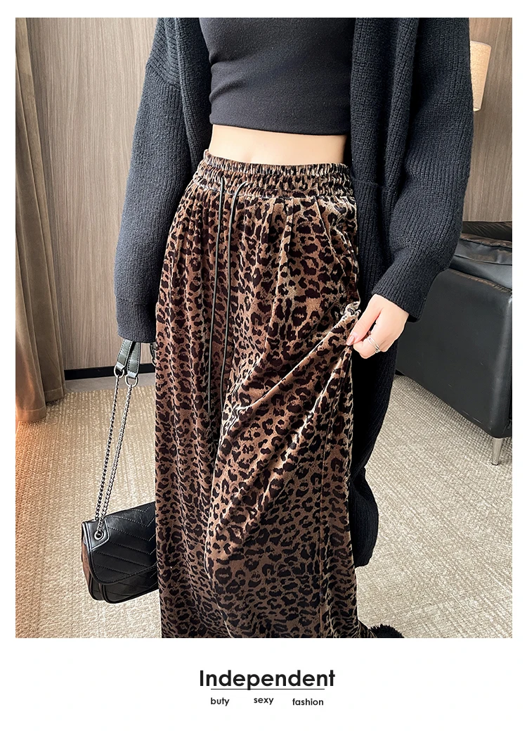 Herbst Klassische Leopard Print Lose Volle Länge Weibliche Breite Bein Hosen Mode Kordelzug Elastische Hohe Taille Casual Frauen Hosen – Detail 3