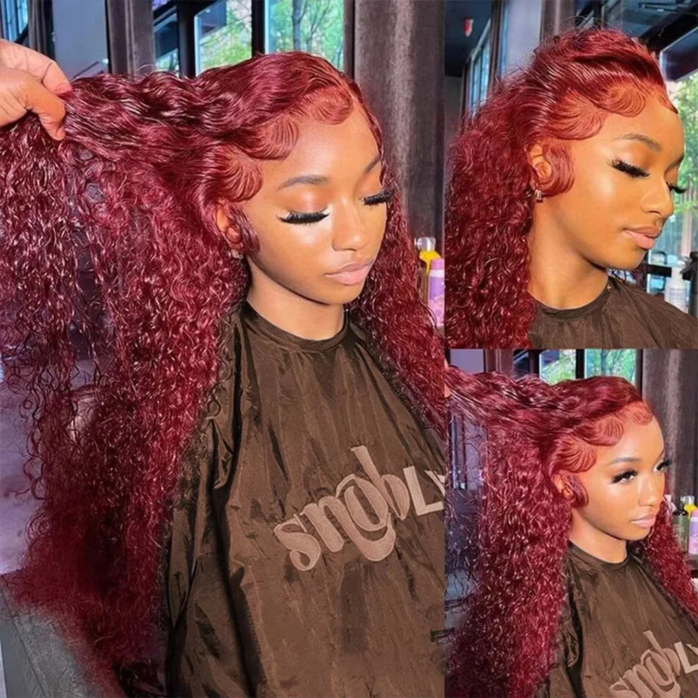 250% Density 99J 13x4 HD Lace Front Human Hair Wigs Burgundy 34Inch Deep Wave Peruvian Curly Glueless Lace Frontal Closure Wigs 5
