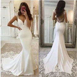 Lace Appliques Deep V-Neck Mermaid Wedding Dresses 2023 Charming Cap Sleeve Long Sweep Train Backless Formal Satin Bridal Gown