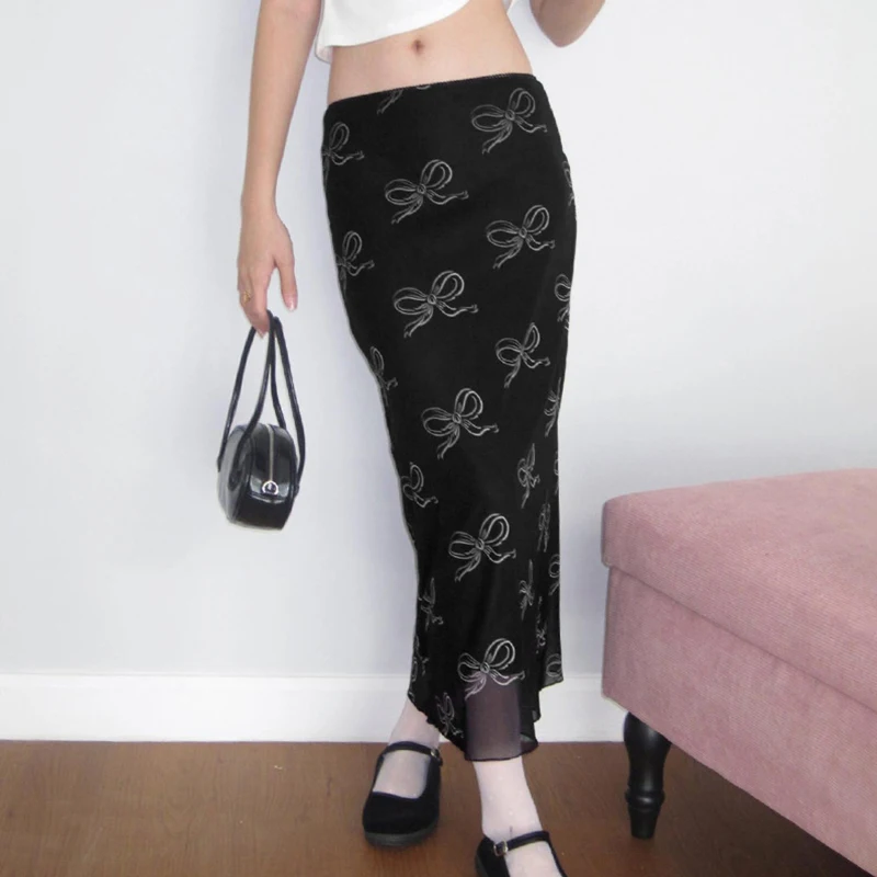 Falda Y2K Fairycore para mujer, con estampado de lazo y ribete de encaje, de cintura baja, de malla, ajustada, estilo grunge de los años 2000, para fiestas y ropa de calle.