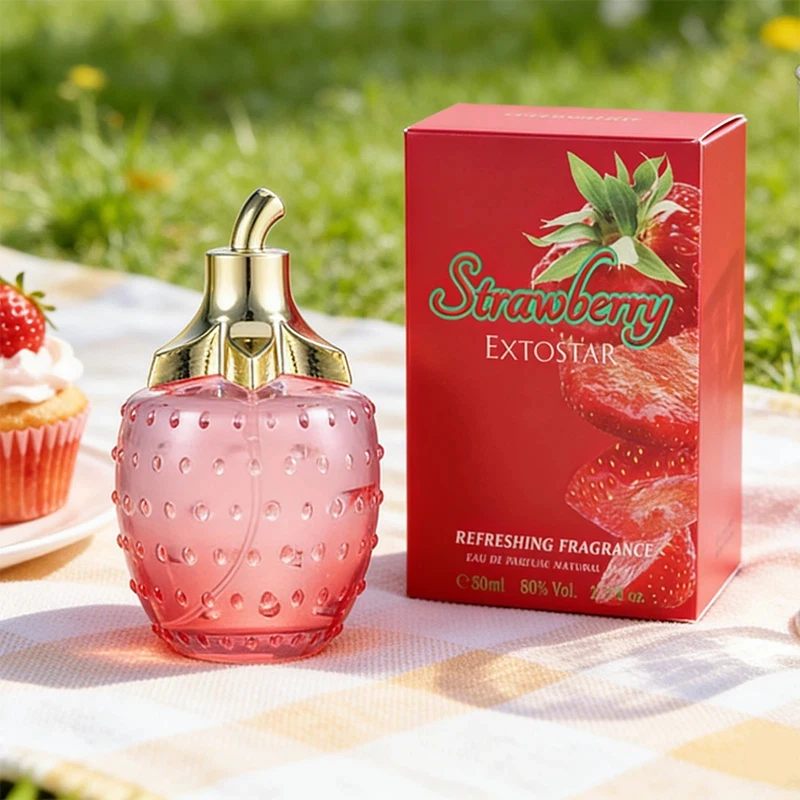 Perfume feminino de morango com notas frescas de limão, rosa, jasmim, cedro e âmbar. Uma fragrância doce, delicada e charmosa, perfeita para encontros românticos._voghion.com