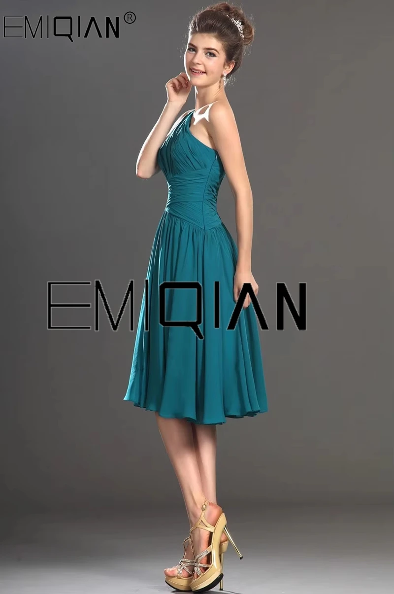 One Shoulder A-Line Pleated Bodice Chiffon Cocktail Dress Short Prom Dress