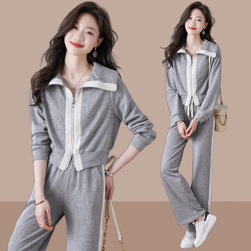 Autumn Women Sportswear Tracksuit Korean Loose Wide Leg Pants Zip Up Jacket Running Jogger Fitness Workout Casual Set Sport Suit