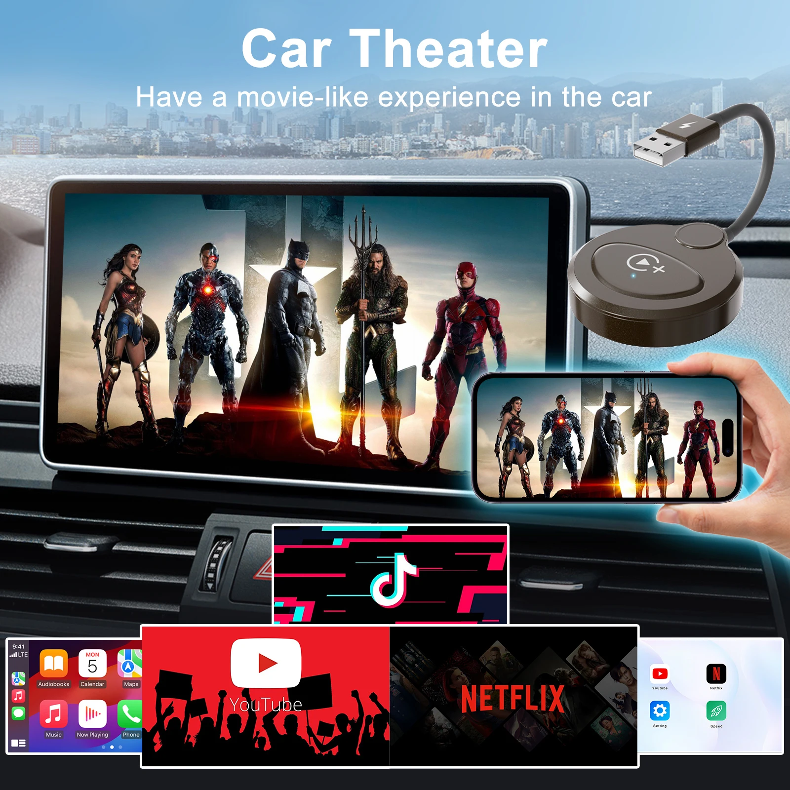 Carplay Wireless Adapter with Youtube/Netflix/Tiktok Wireless Carplay USB Dongle for Factory Wired to video carplay adapter