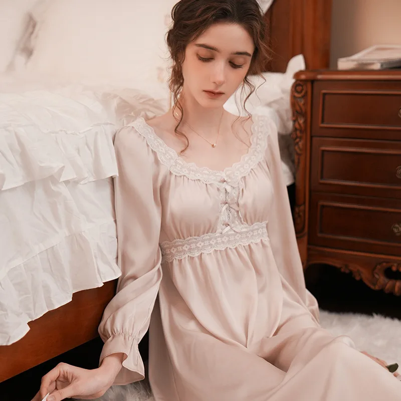 SXTHAENOO 2023 New French Fashion Nightdress Ice Silk Long Sleeve Thin Pajamas Nightgowns lingerie for women пижама женская