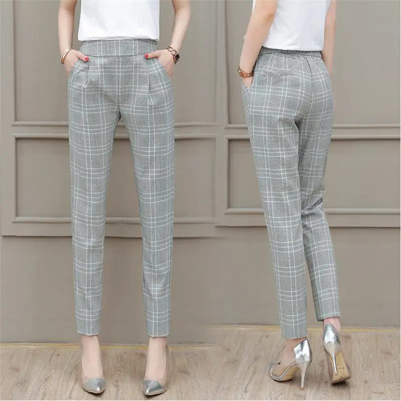 Women's 2024 Spring Autumn New Korean Thin Elastic High Waist Folds Plaid Pockets Straight Slim Small Feet Casual Harlan Pants mom jeans high waist carrot pants autumn new large size fat mm loose and thin harlan daddy pants boyfriends jeans