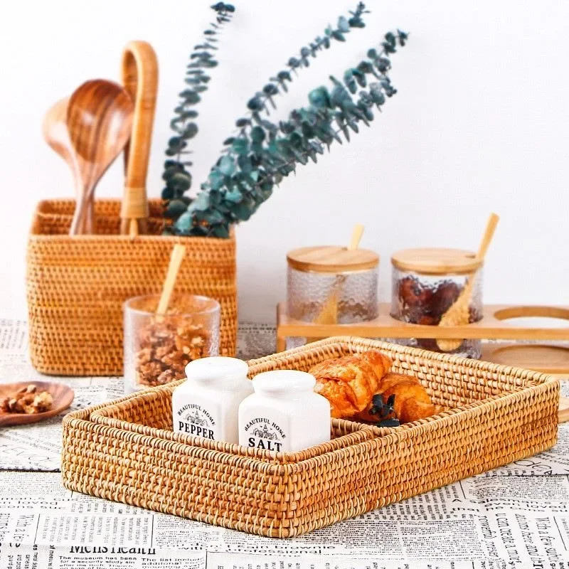 

Living Room Hand-Woven Storage Basket Rattan Storage Tray Bathroom Wicker Basket For Bread Fruit Food Breakfast Picnic Organizer