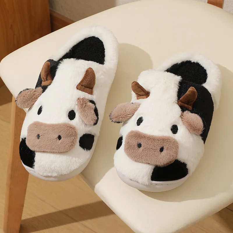 Cute Cow Women Home Slippers Indoor Bedroom Men Light Couple Slipper Solid Soft Flip Flops Winter Warm Furry Plush Shoes_voghion.com