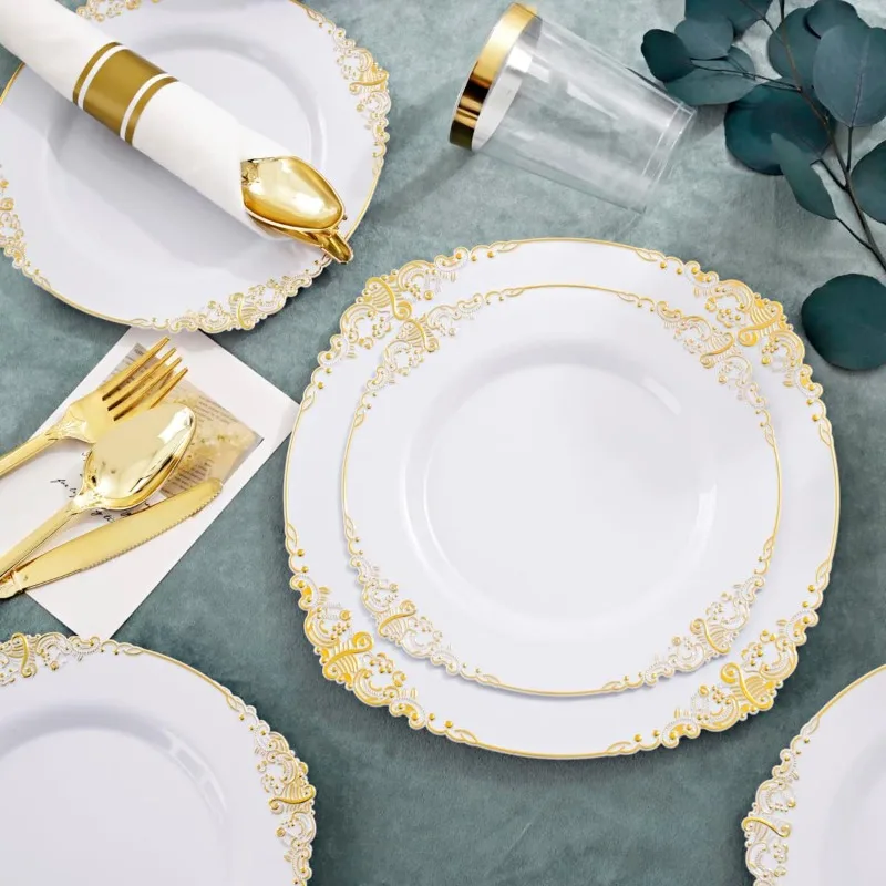 Description Picture 5 of item350PCS White and Gold Plastic Plates - Gold Plastic Dinnerware Set with Pre Rolled Napkins