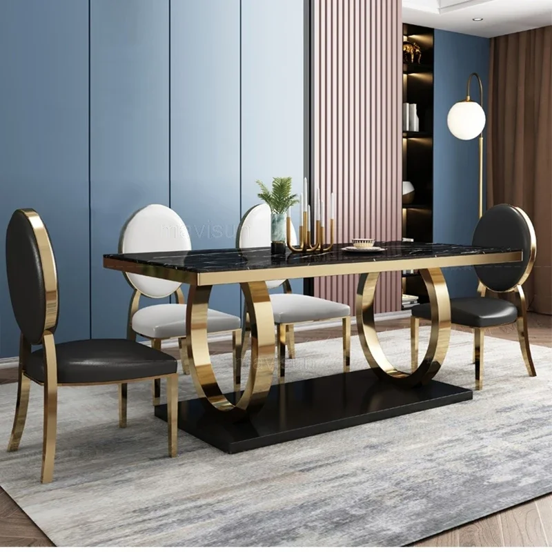 

Modern Luxury Kitchen Tables For Household Furniture Set Natural Marble Tabletop Metal Frame Designer Dining Table And Chairs XY