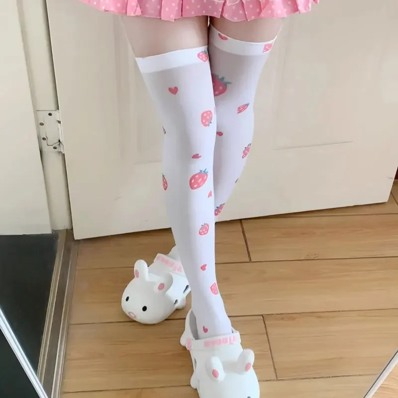 Japanese anime Halloween Lolita strawberry printed sweet Kawaii stockings women cute stockings white tight high over knee socks anime socks anime stockings knee stockings cosplay props