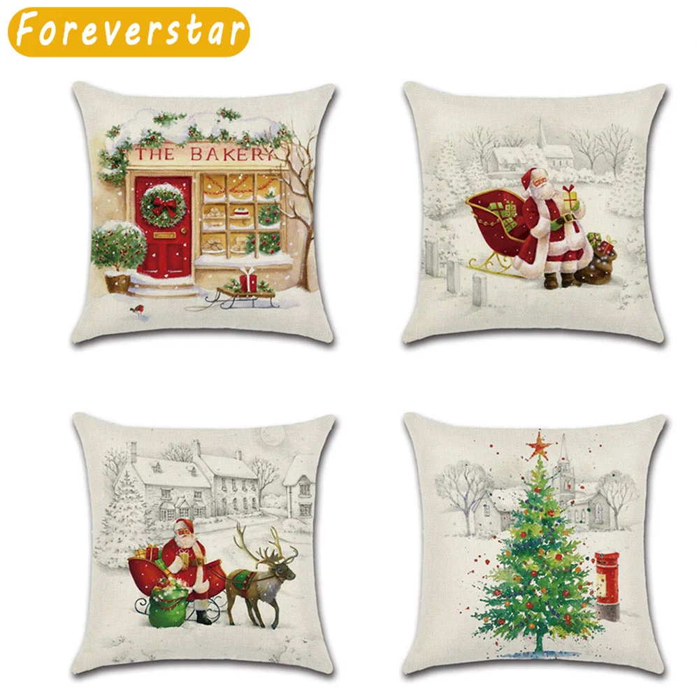 

New Christmas Day Linen Cushion Cover Decorative Sled Car Santa Claus Christmas Tree Pillow Case 45x45cm Funda Cojin Cojines