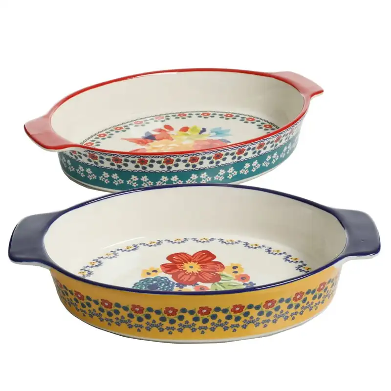 

Floral 2-Piece Ceramic Oval Bakeing Dish Sauce dish Restaurant plates Green dishes Modern plates