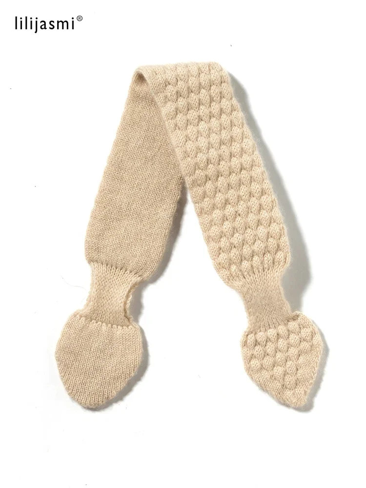Women 100% Pure Cashmere Knitted Small Bowknot Scarf Neckerchief Moss Stitch Soft Neck Warmer Ring Collar Female Boutique Acc 5