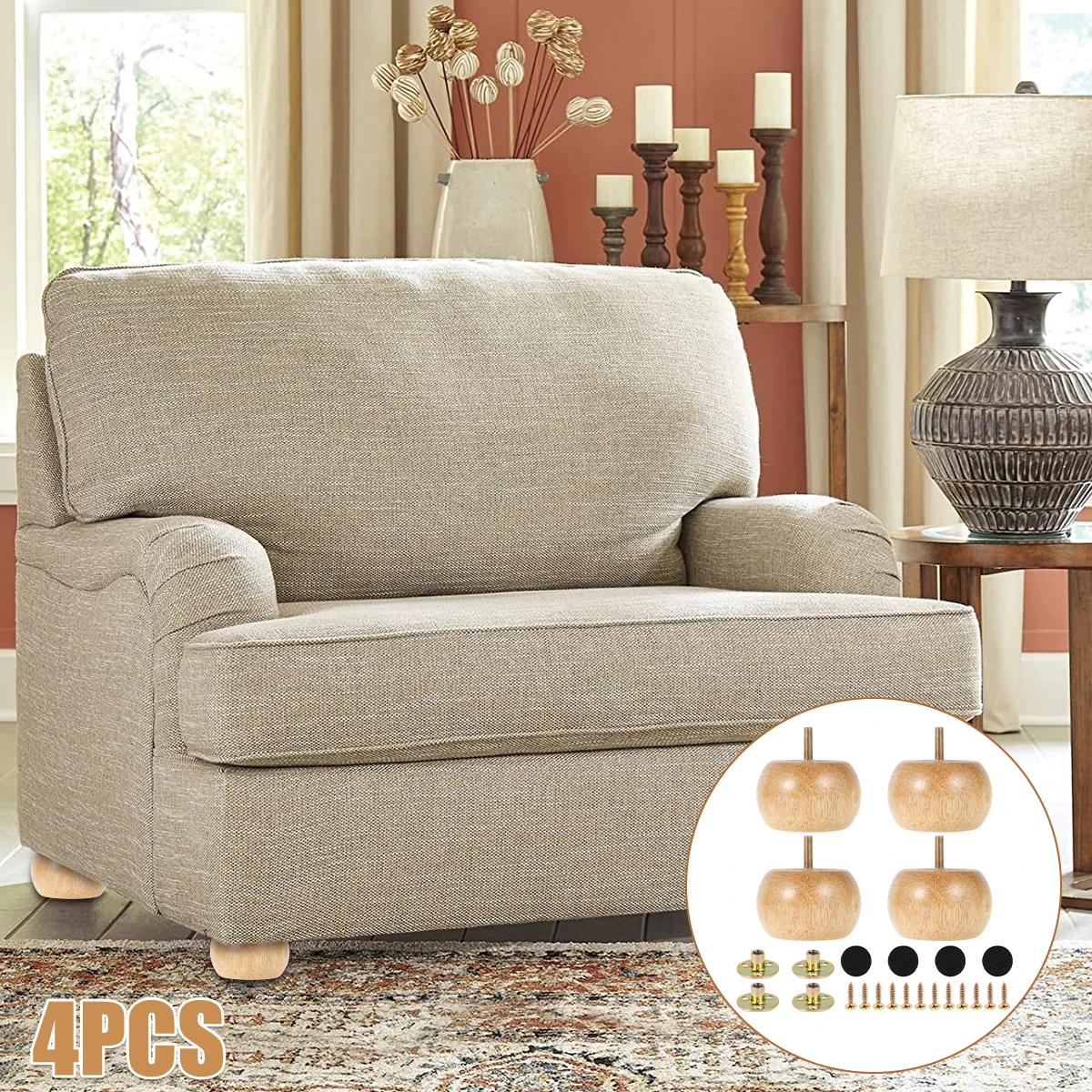 4pcs Solid Wood Furniture Legs DIY Round Shape Bun Feet Replacement Sofa Legs Furniture Level Feets Cabinet Legs Floor Protector