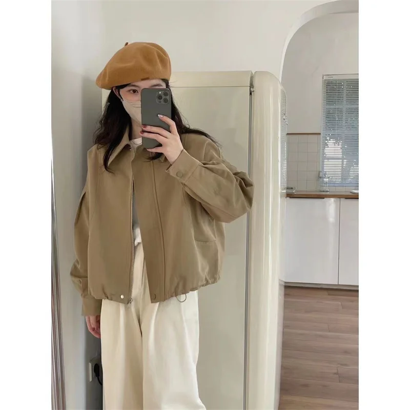 2024 Early Spring New Solid Color Retro Lapel Loose Jacket Women Korean Loose and Versatile Hem Drawstring Short Women's Jacket