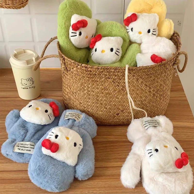 

Three-Dimensional Hello Kitty Warm Gloves Sanrioed Winter Thickened Cartoon Plush Christmas Kawaii All-Inclusive Can Hang Neck