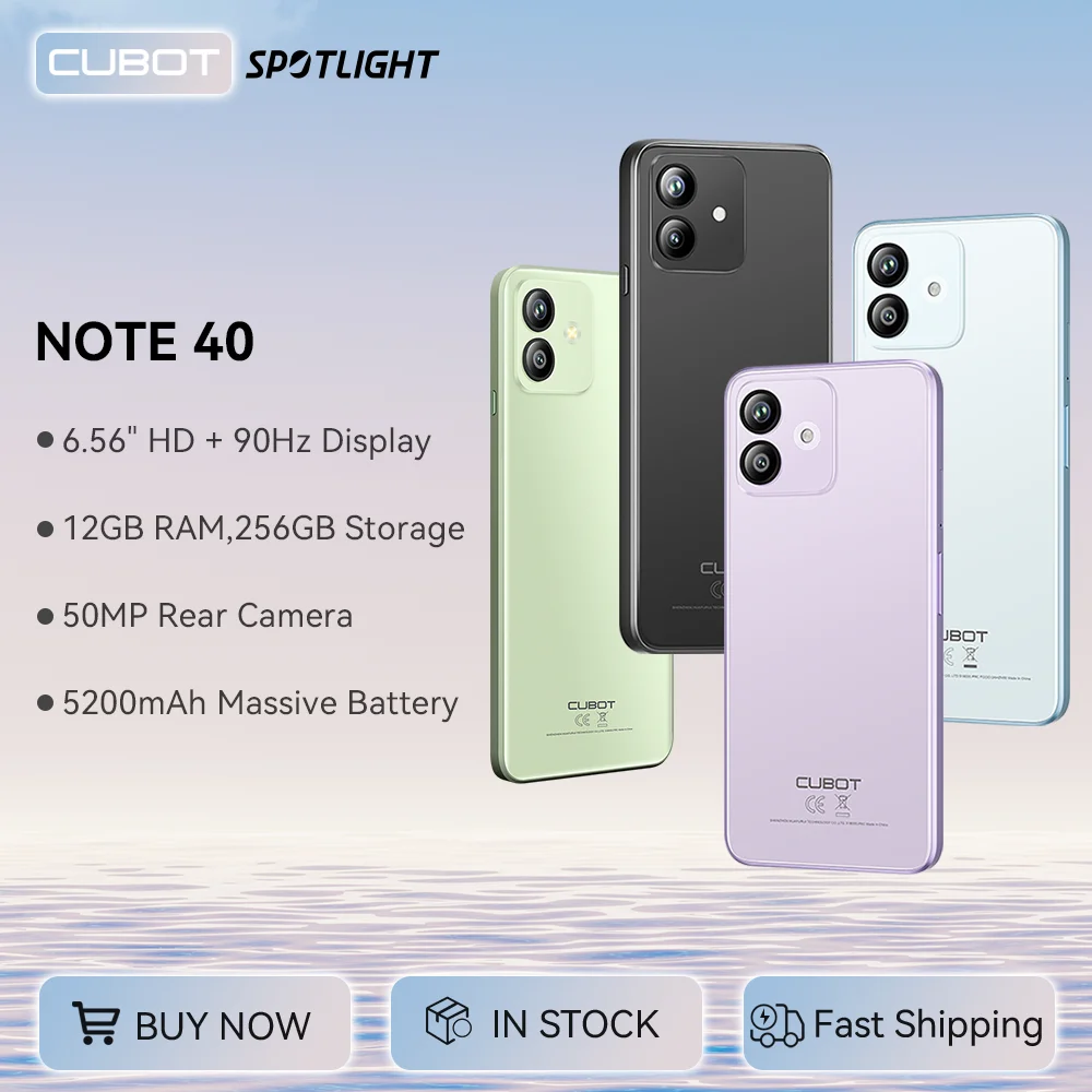 

[World Premiere]Cubot Note 40 Smartphone 12GB(6GB+6GB)+256GB 50MP Main Camera 6.56" HD 90Hz Display 5200mAh Battery Face ID GPS